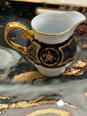 Gold-Trim Porcelain Creamer with Cobalt Blue Band